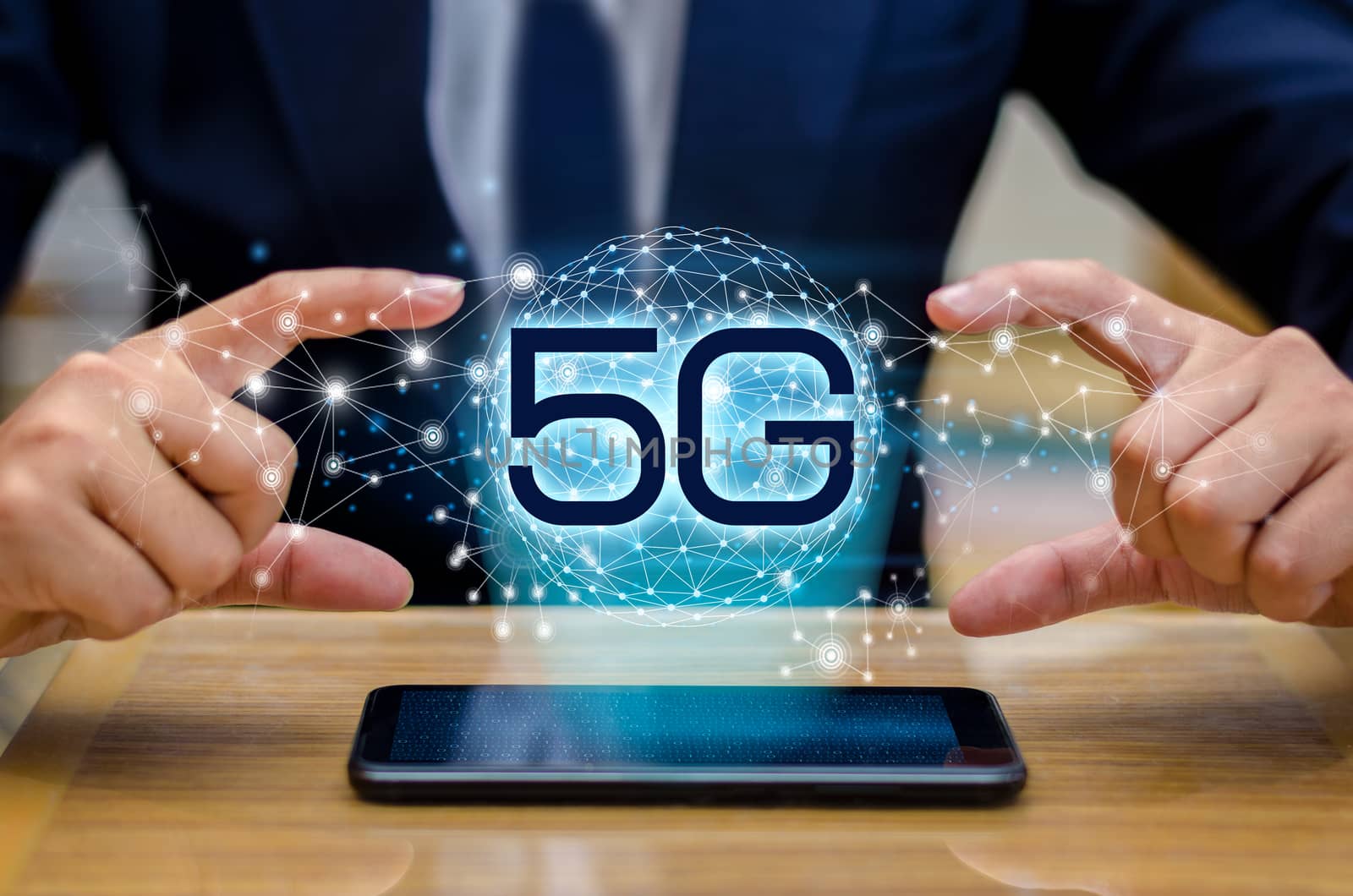 phone 5g Earth businessman connect worldwide waiter hand holding an empty digital tablet with smart and 5G network connection concept by sarayut_thaneerat