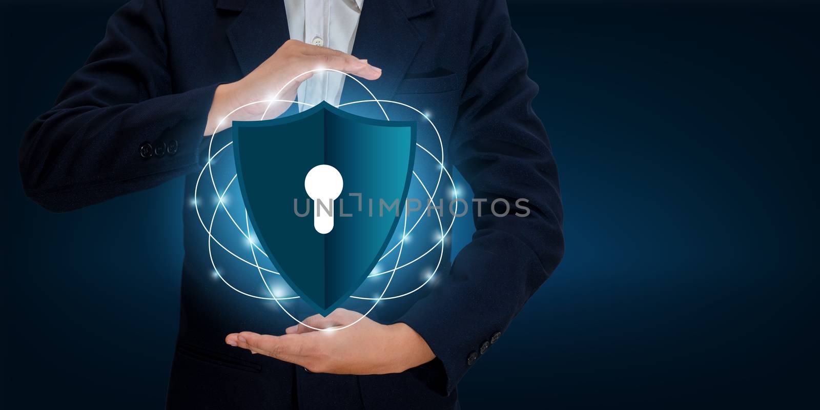 Earth polygon mesh planet World Businessmen shake hands to protect information in cyberspace. Businessman holding shield protect icon protection network security computer and safe your data concept by sarayut_thaneerat