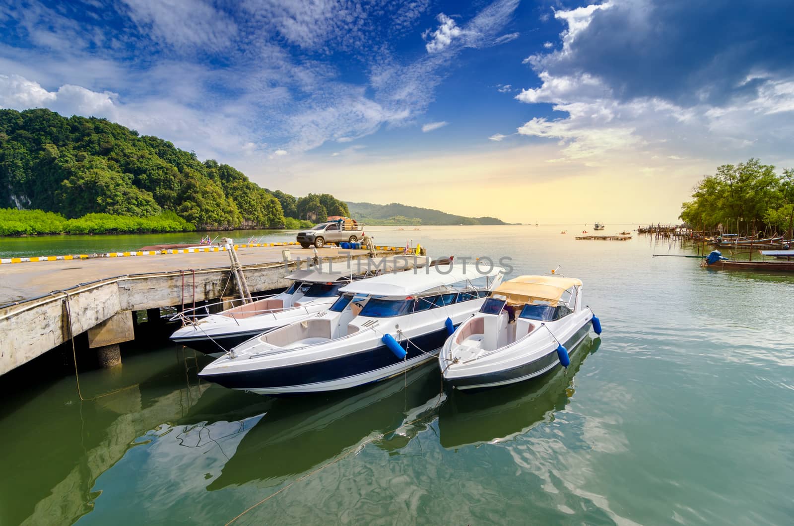 travel Speed Boat port thailand shipping location Tourist boat to island in Thailand In the bright blue days by sarayut_thaneerat