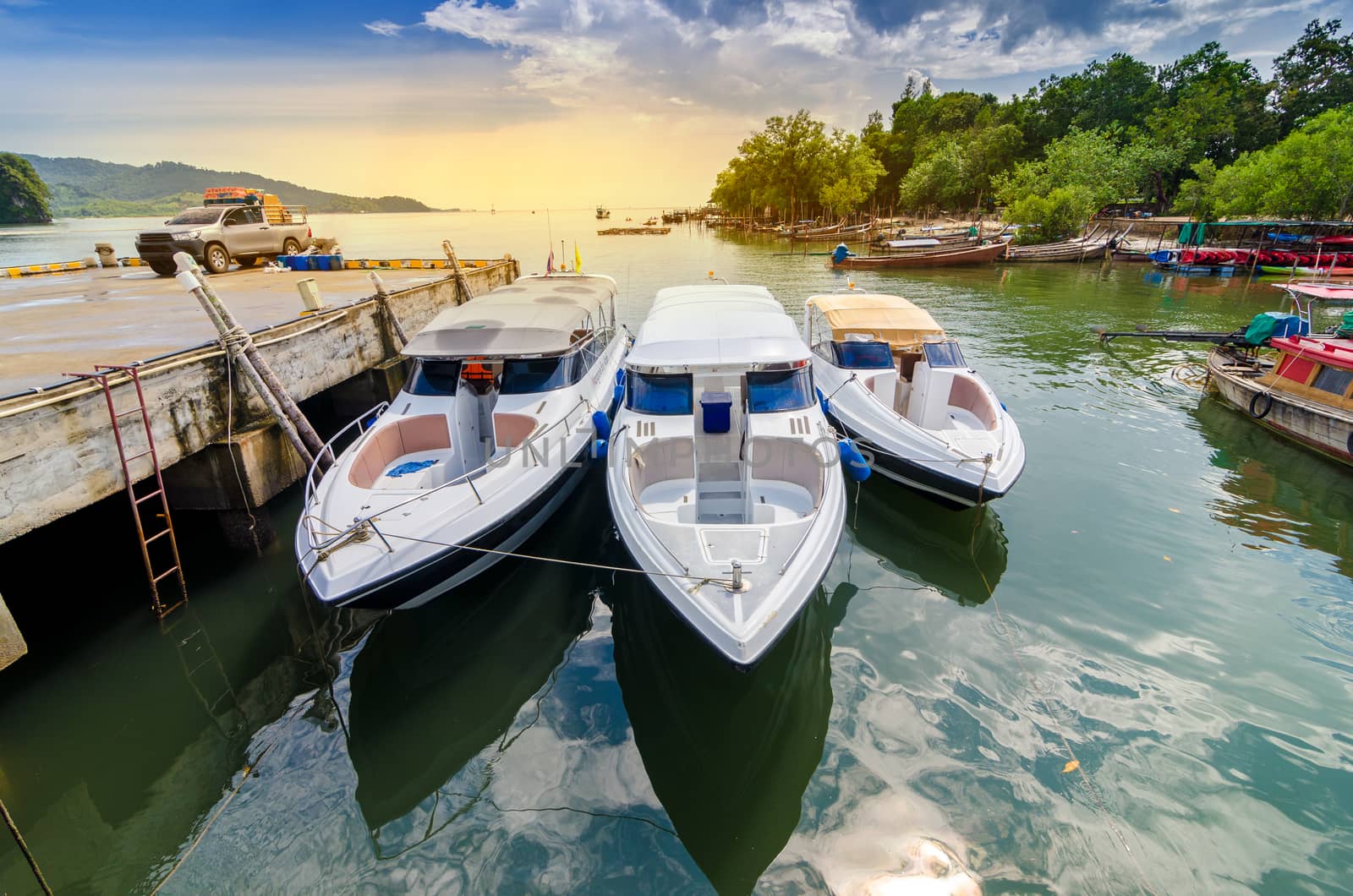 travel Speed Boat port thailand shipping location Tourist boat to island in Thailand In the bright blue days by sarayut_thaneerat