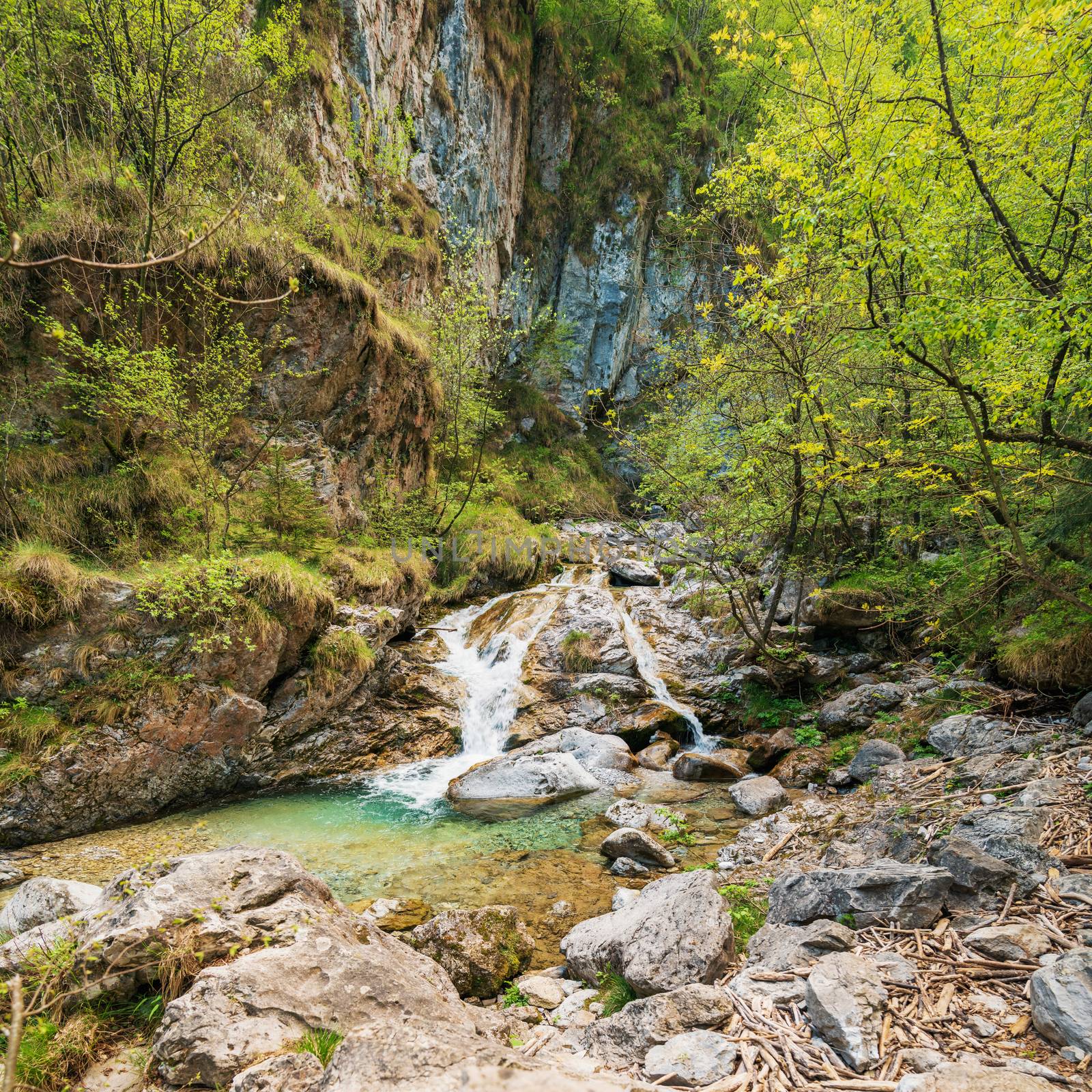 Amazing view of the Vertova torrent at sunset, in the middle of the Orobiche mountains with its beautiful tiny waterfalls.