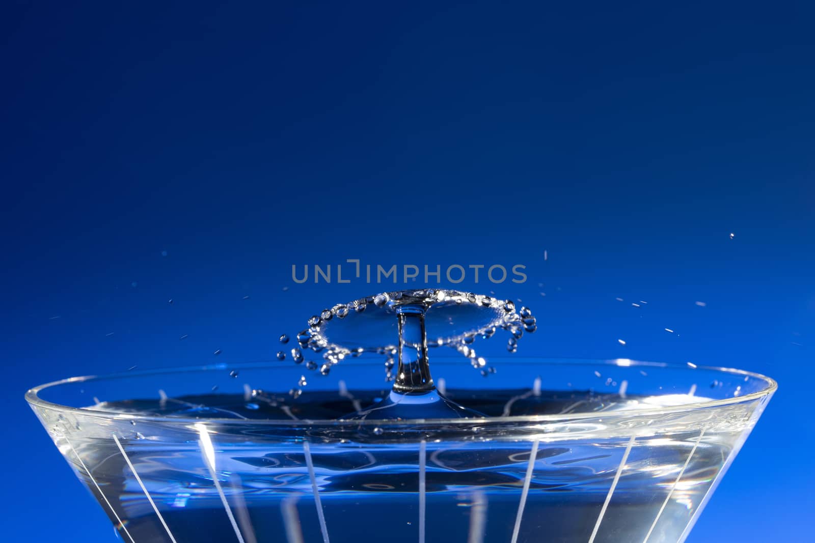 Water Drops Collide Over Martini Glass Blue by CharlieFloyd