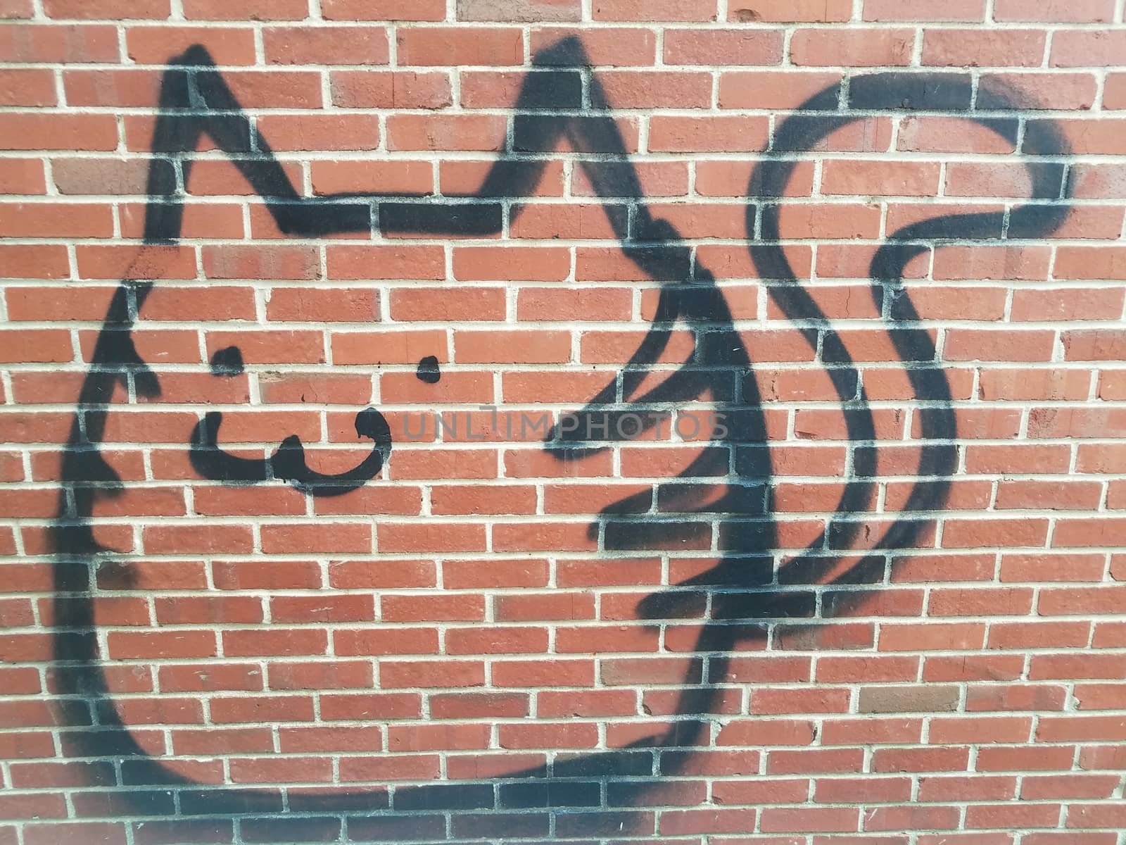 black graffiti animal with tail on red brick wall by stockphotofan1