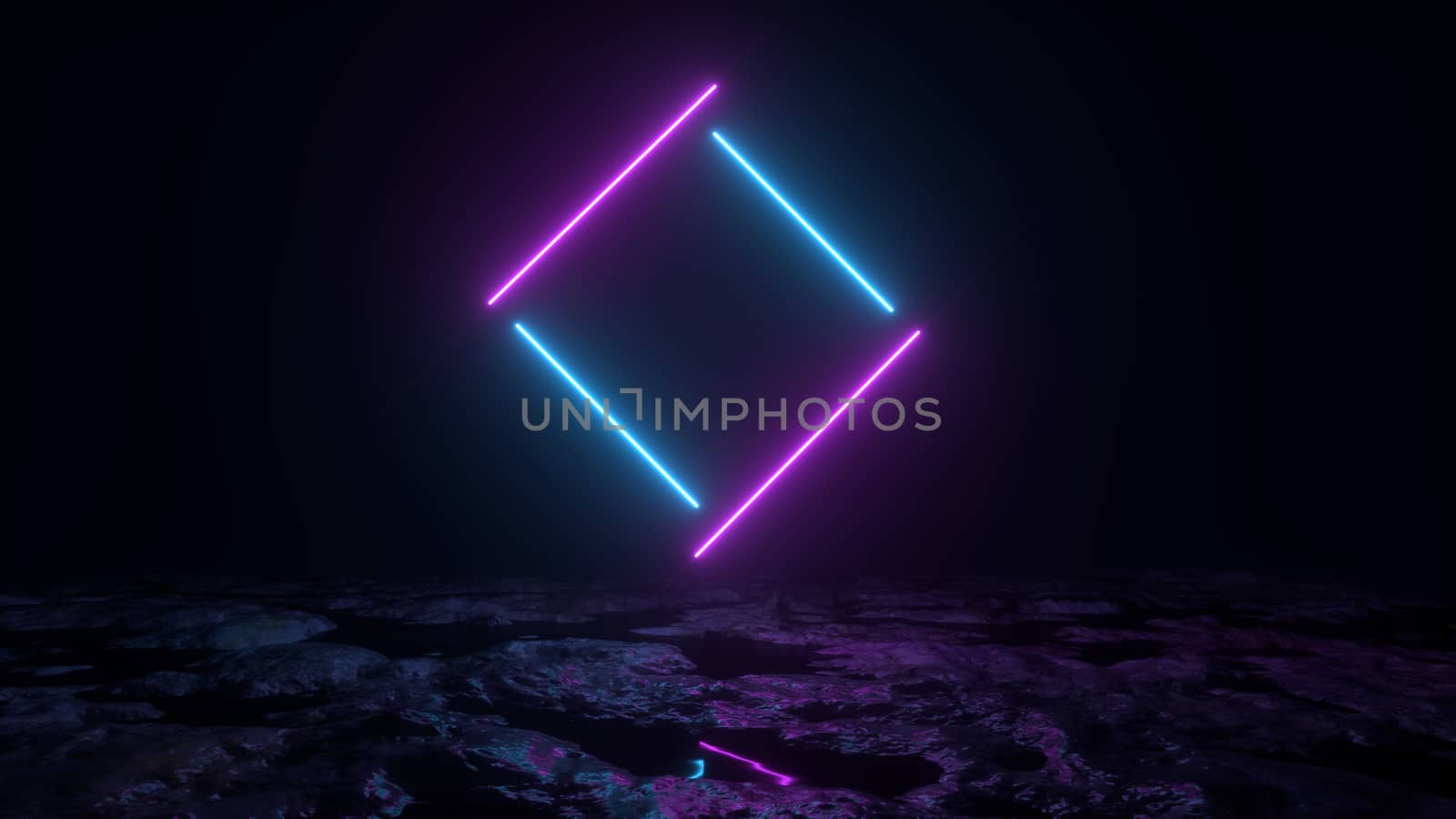 3d abstract background render, pink and blue neon lights lines fly over the ground, retrowave and synthwave illustration. Futuritic concept