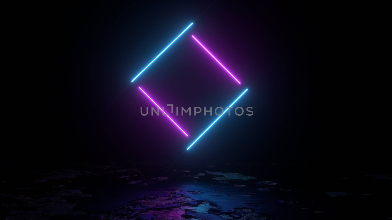 3d abstract background render, pink and blue neon lights lines fly over the ground, retrowave and synthwave illustration. Futuritic concept