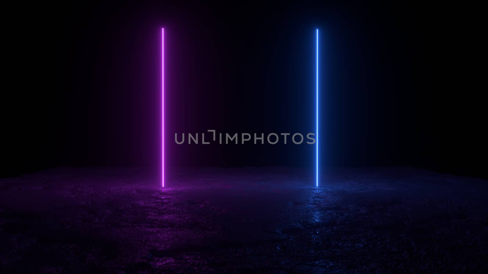 3d abstract background render, two pink amd blue neon lights on the ground, retrowave and synthwave illustration. Futuritic concept