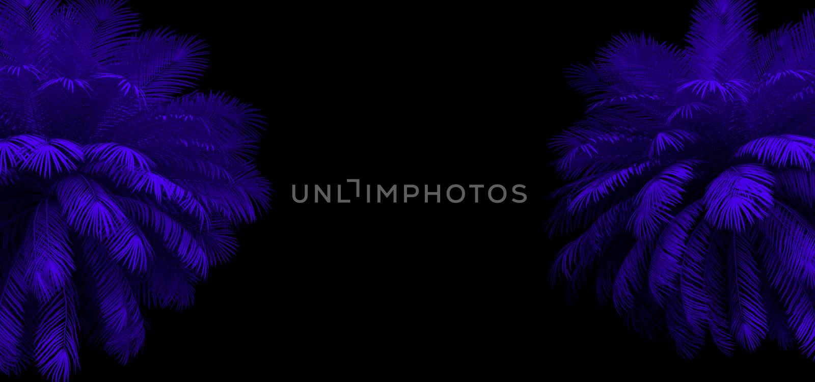 3d render of neon palm leaves on the black. Banner design. Retrowave, synthwave, vaporwave illustration. Party and sales concept