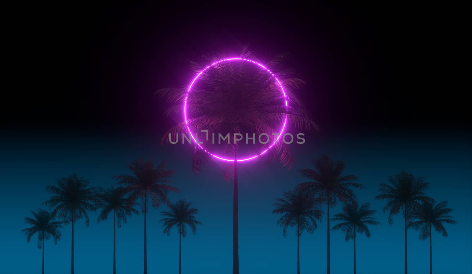 3D vaporwave render background with neon circle, palms and night blue sky. Synthwave 1980s rentowave illustration. Yesterday's tomorrow scene