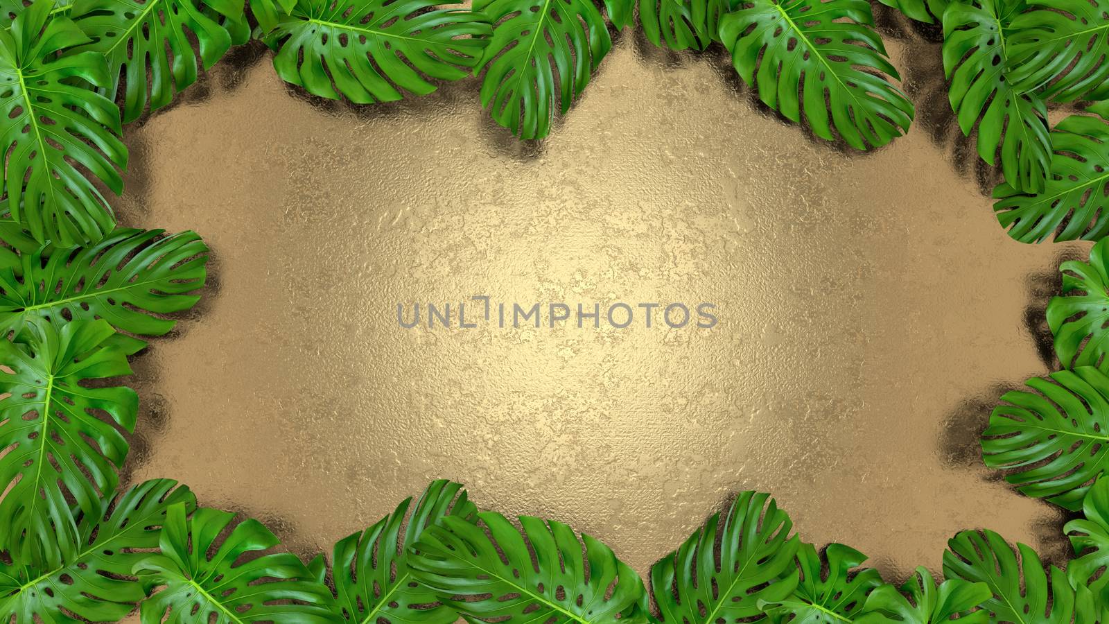 3D render of realistic monstera leaves on gold background for cosmetic ad or fashion illustration. Tropical frame exotic banana palm. Sale banner design.