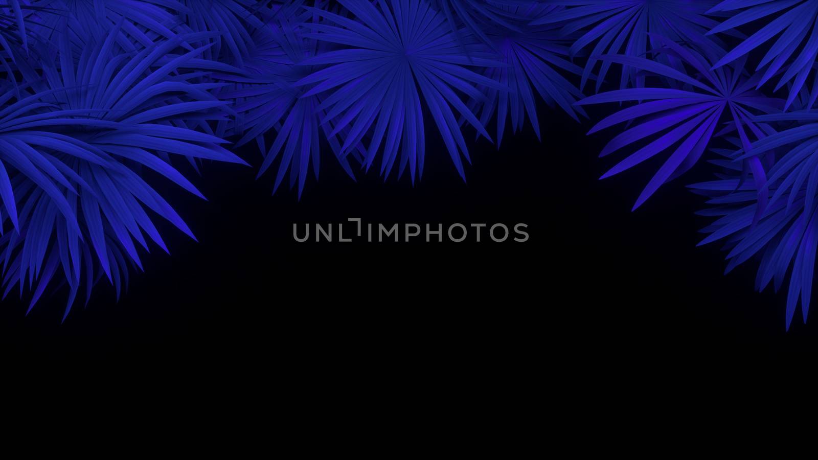 3d render of neon palm leaves on black background. Banner design. Retrowave, synthwave, vaporwave illustration. Party and sales concept