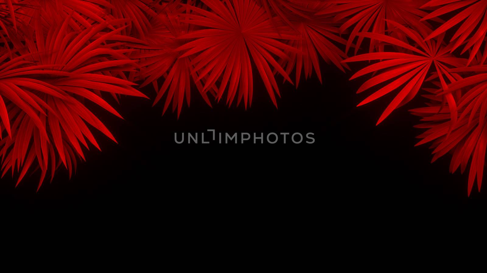 3d render of neon palm leaves on black background. Banner design. Retrowave, synthwave, vaporwave illustration. Party and sales concept