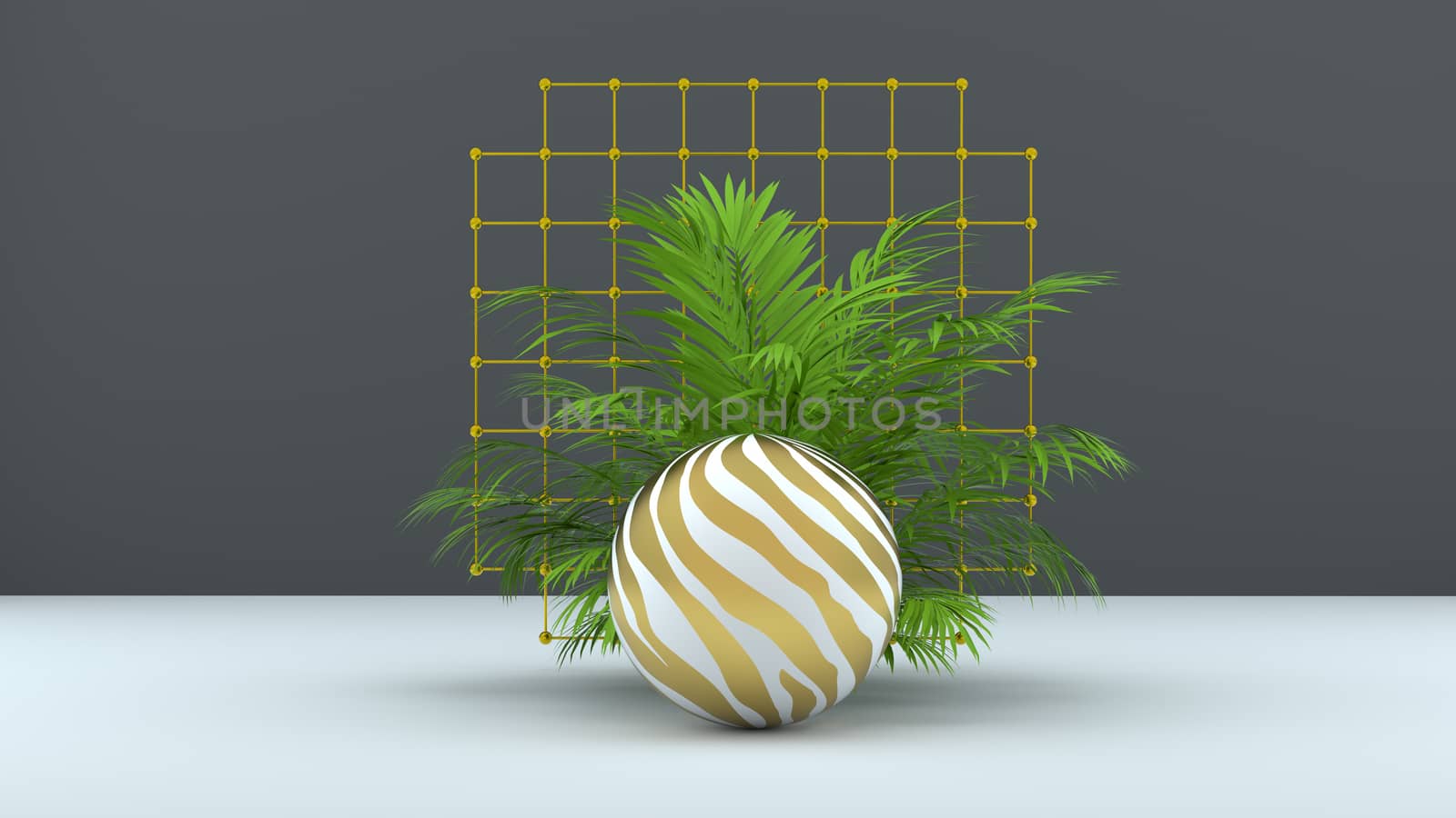 3d render abstract background with palm leaves, sphere and golden grid. Modern minimal design. Trendy background for product design or text presentation. Memphis design style.