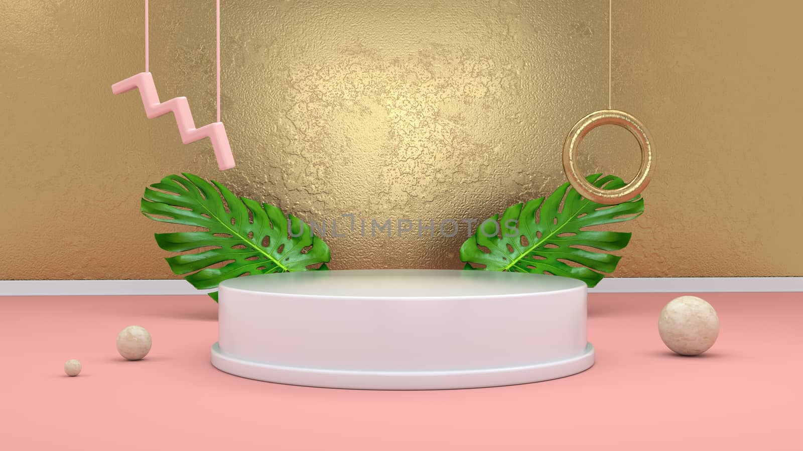 3d render abstract background with podium, spheres, golden elements and palm leaves in minimal pink Memphis style.