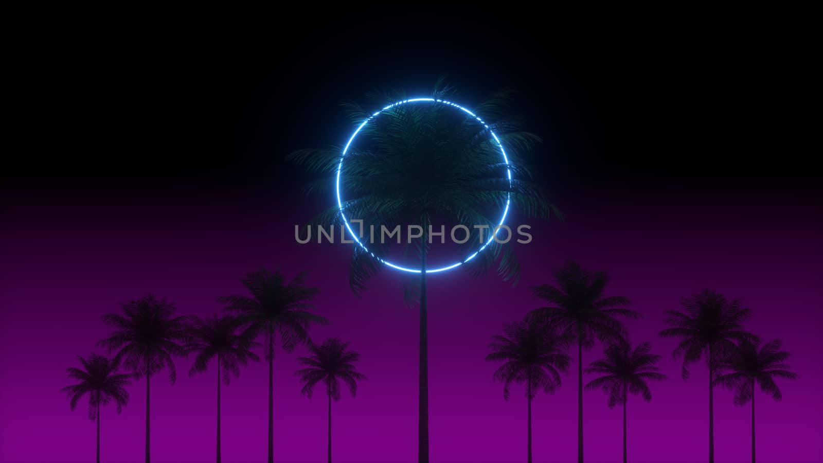 3D vaporwave render background with neon circle, palms and night violet sky. Synthwave 1980s rentowave illustration. Yesterday's tomorrow scene