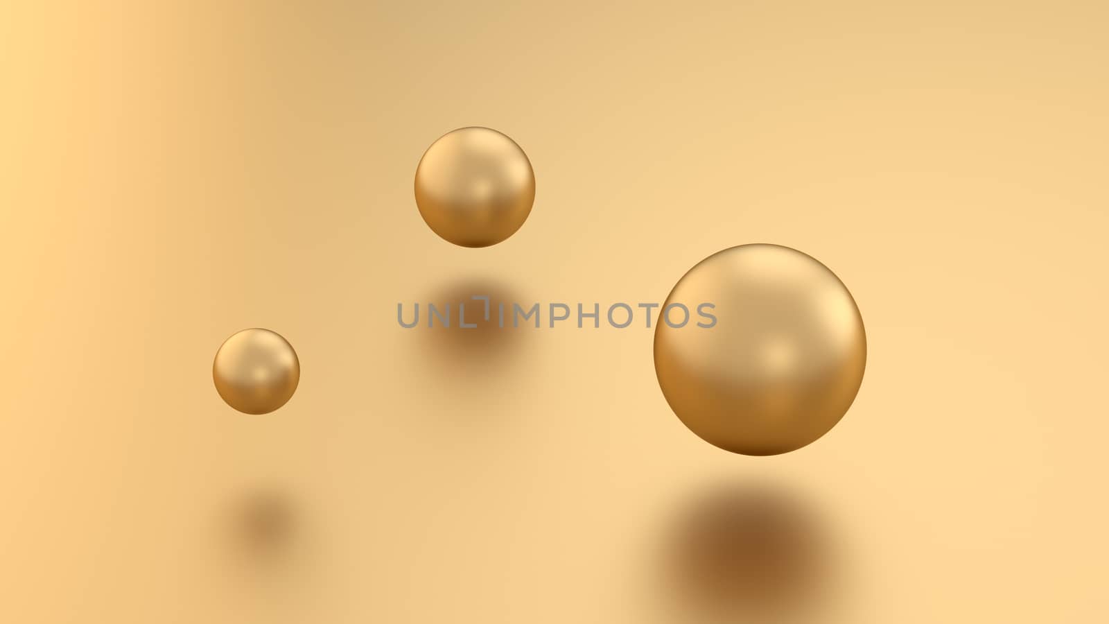 Golden 3d render sphere balls on metal background with reflection. Modern luxury design element for banner sale design.