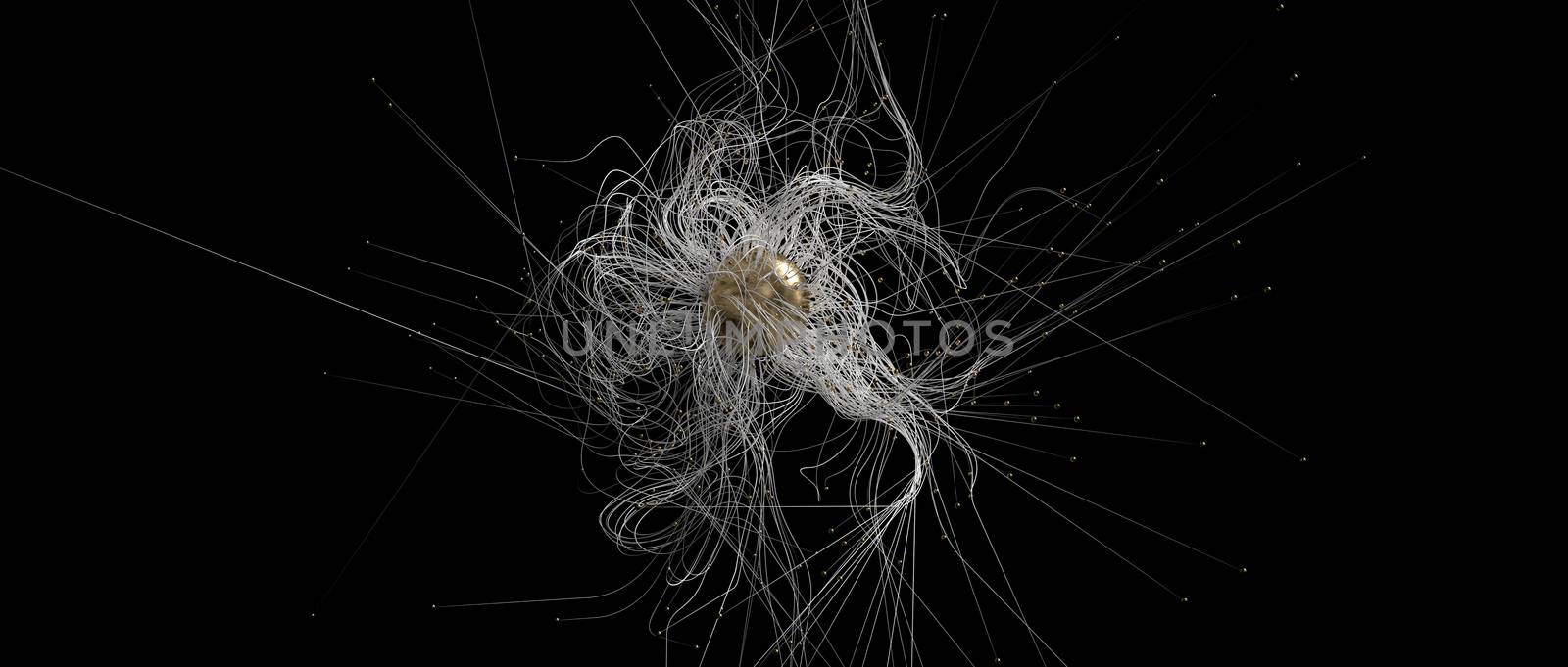 3d render abstract background for wallpaper design. Poster, banner. Lines and golden spheres on black backdrop.