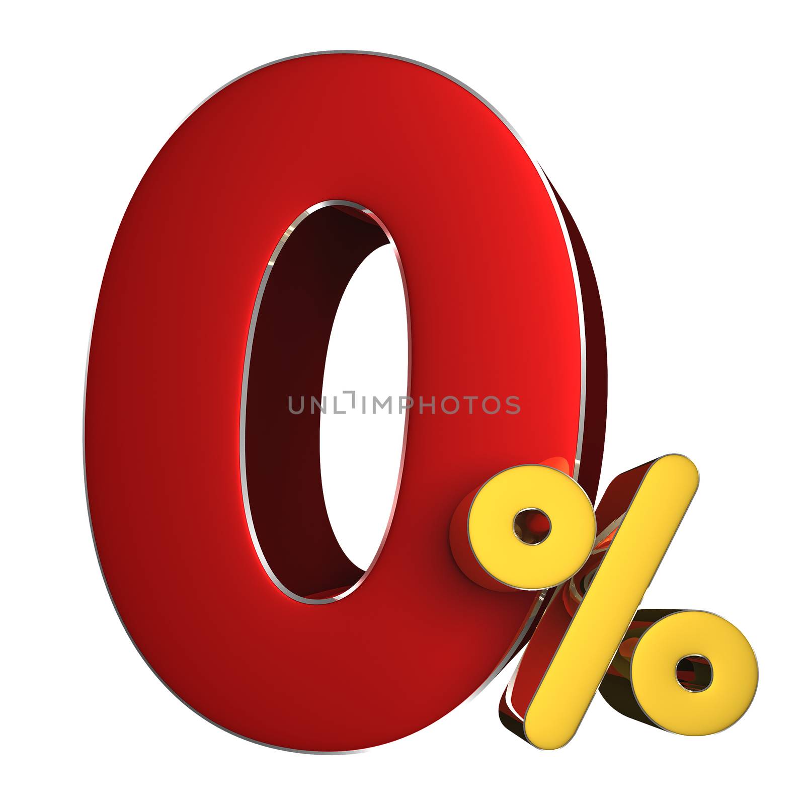 0 percent 3D rendering on white background.(with Clipping Path).