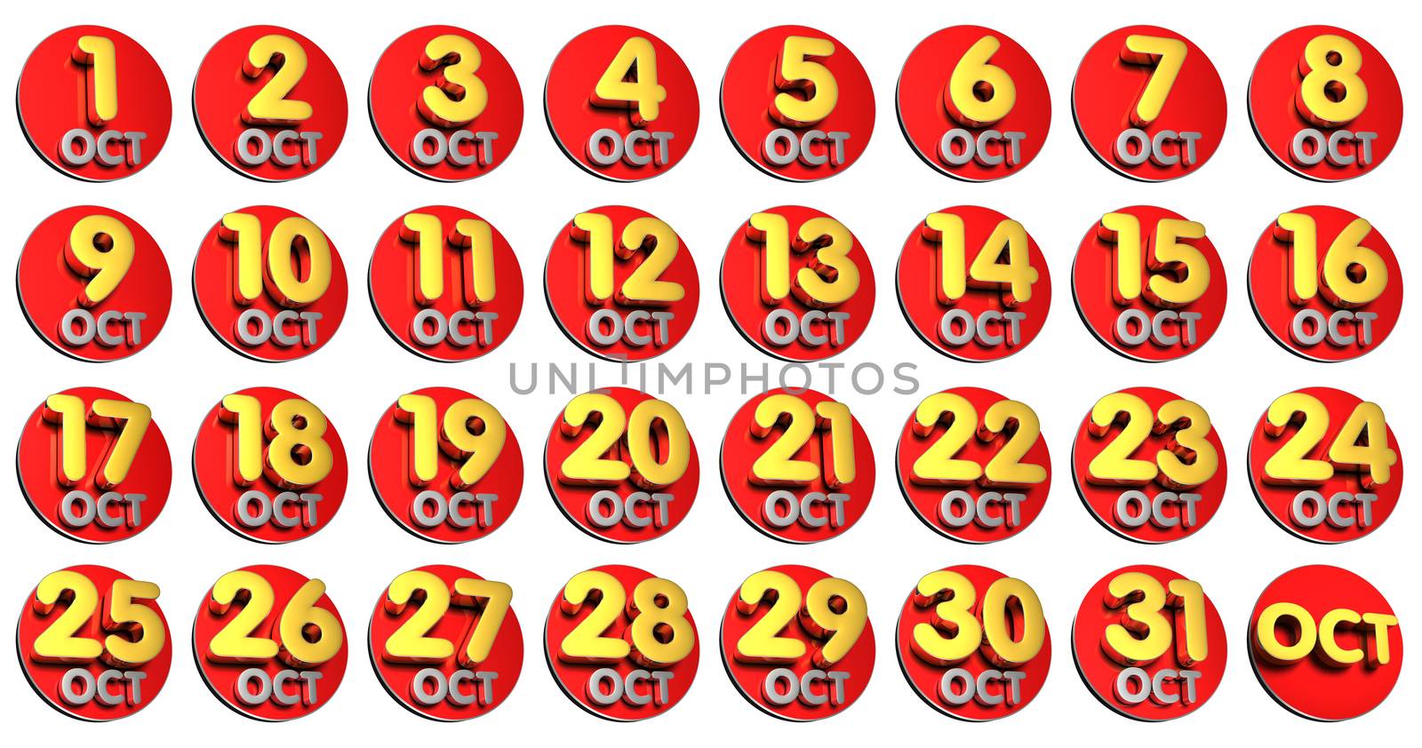 Including the date of October 3D rendering on a white background.(with Clipping Path).