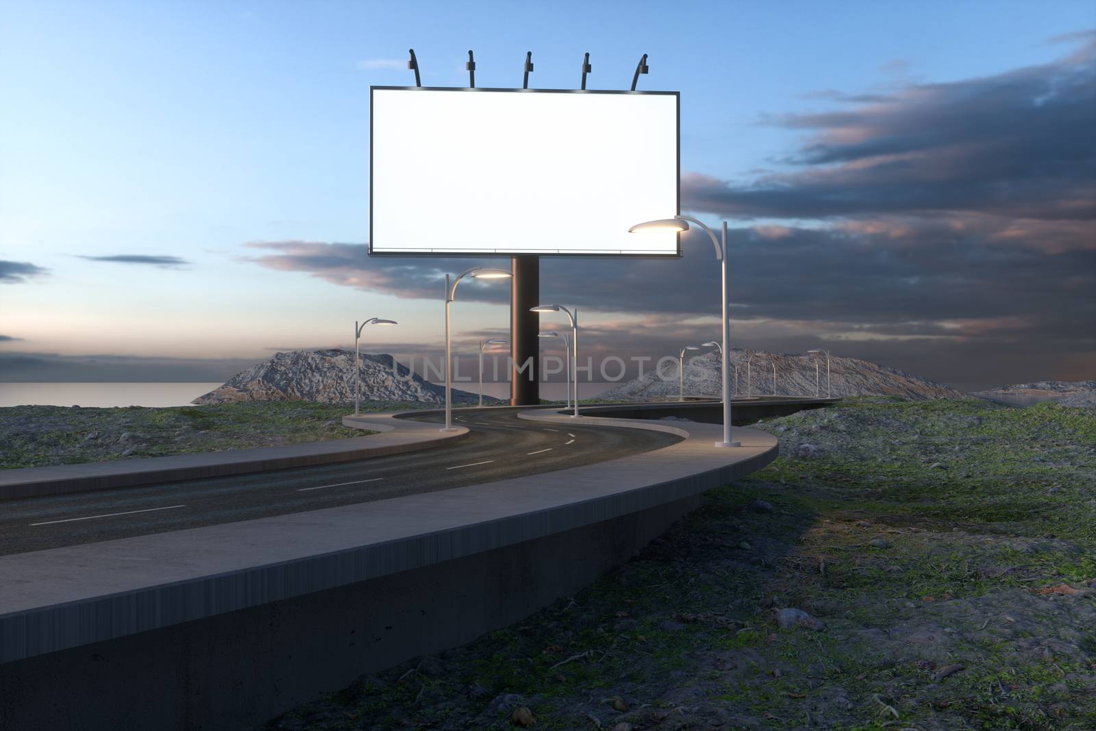 Blank advertising board and winding road, 3d rendering by vinkfan