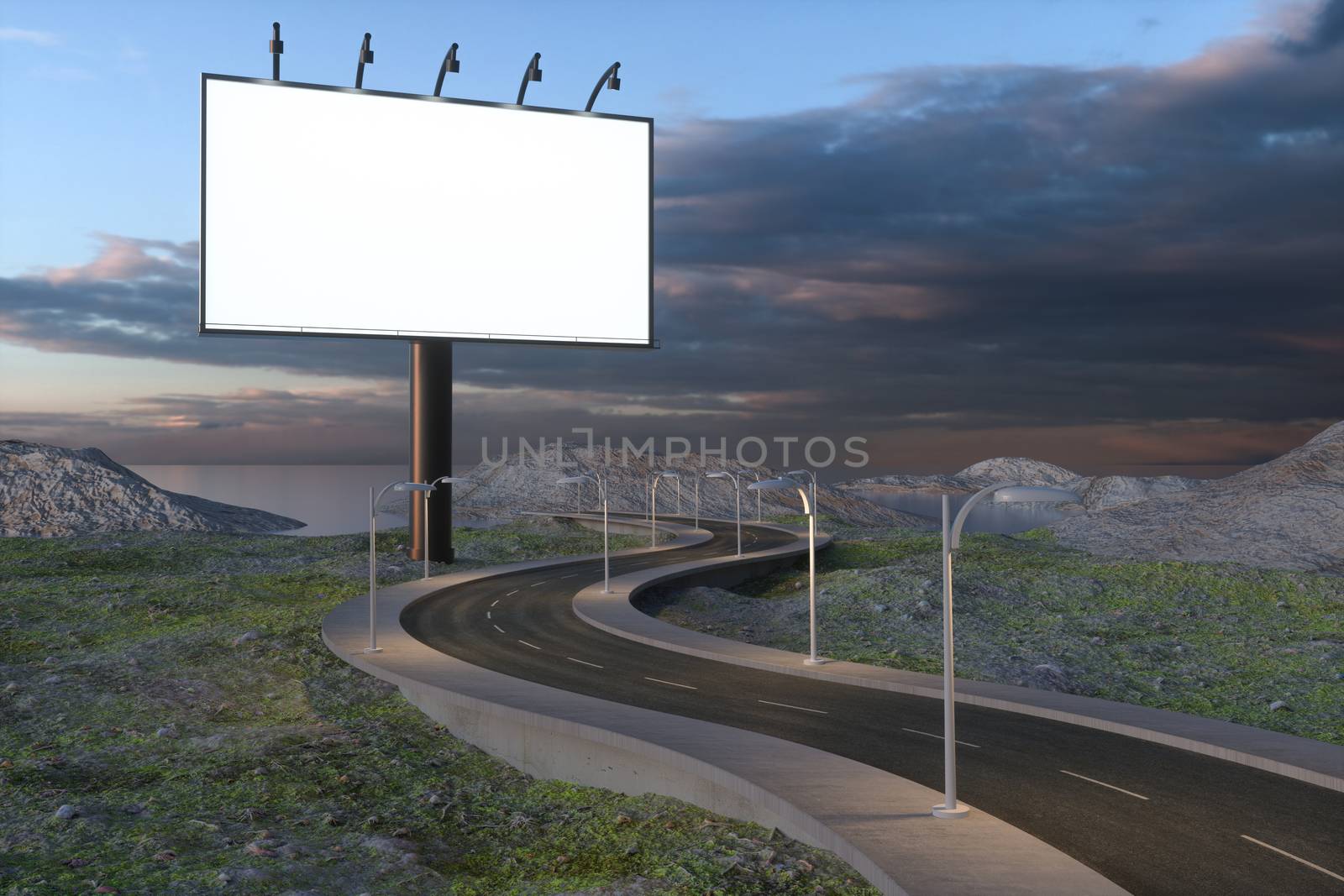 Blank advertising board and winding road, 3d rendering by vinkfan