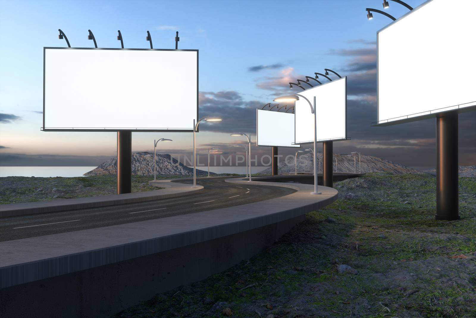 Blank advertising board and winding road, 3d rendering by vinkfan