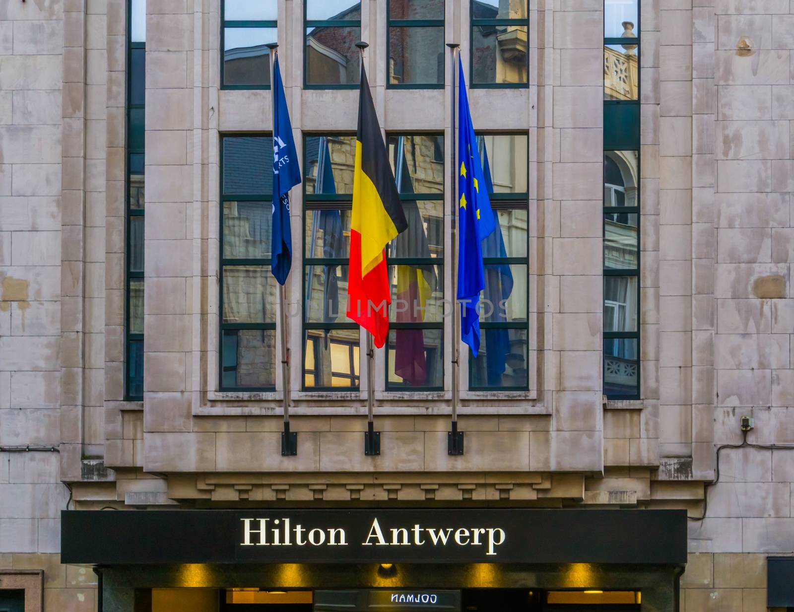 Antwerpen, Belgium, april 23, 2019, Sign board at the entrance of the Hilton hotel of Antwerp city