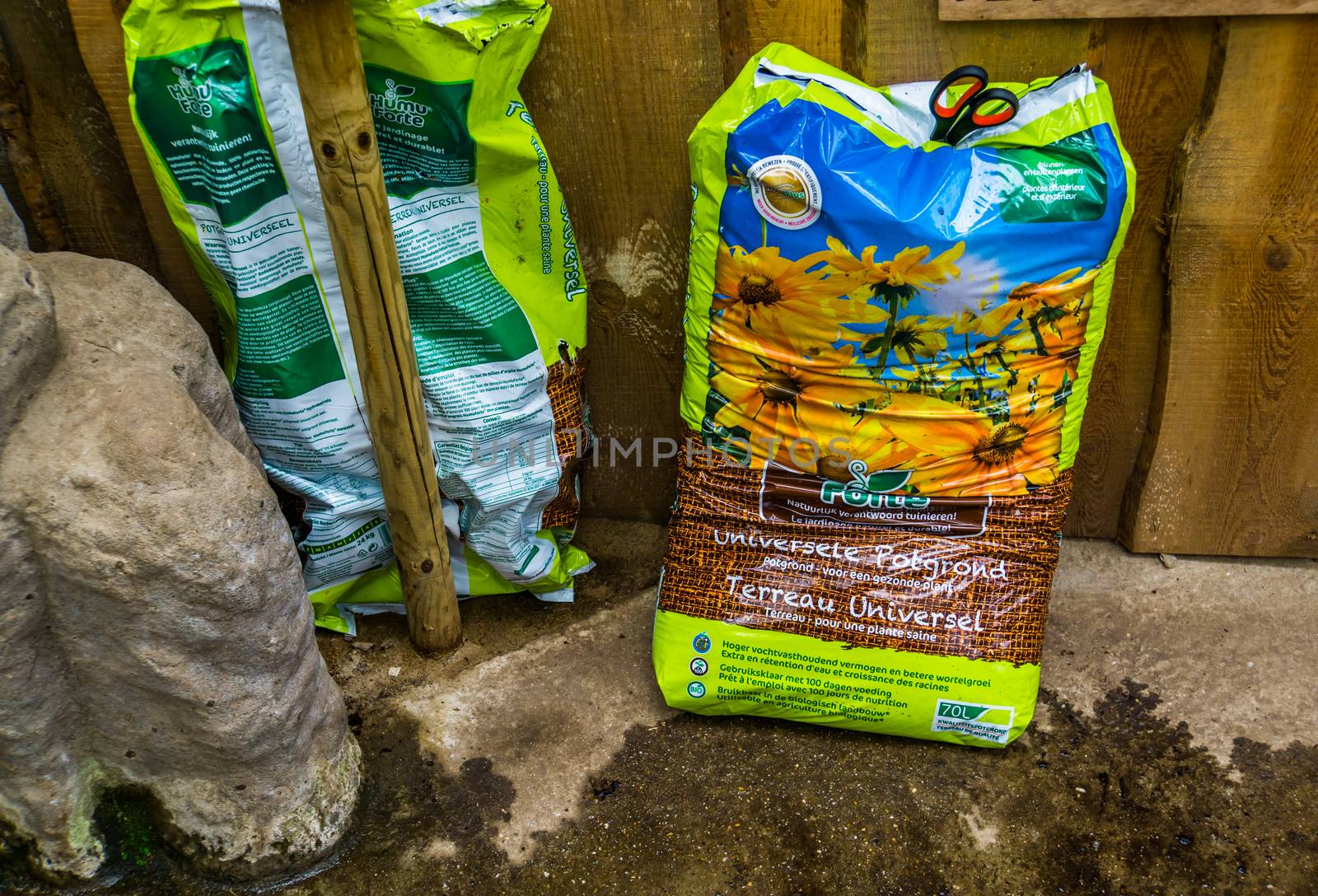 Kwadendamme, The Netherlands, march 19, 2019, humuforte bag of potting soil, organic fertilizers, biological gardening products