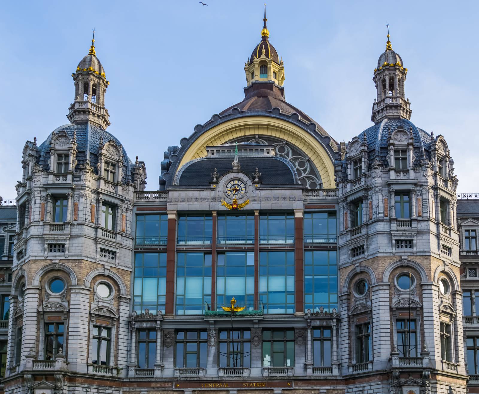 the central station building of Antwerp city, historical and classic Belgian architecture, Antwerpen, Belgium, April 23, 2019