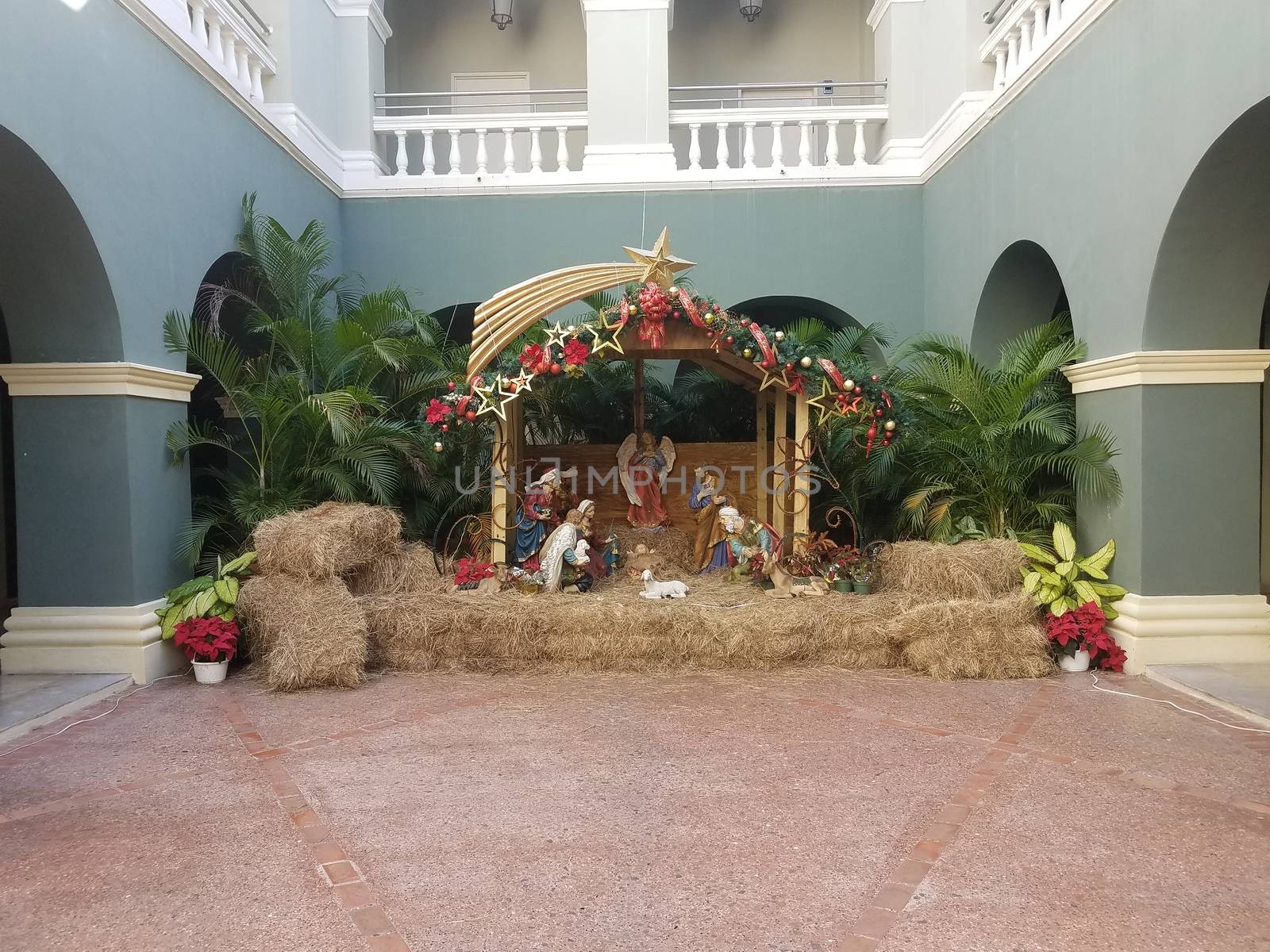 Christmas manger or nativity scene in Ponce, Puerto Rico with hay or straw