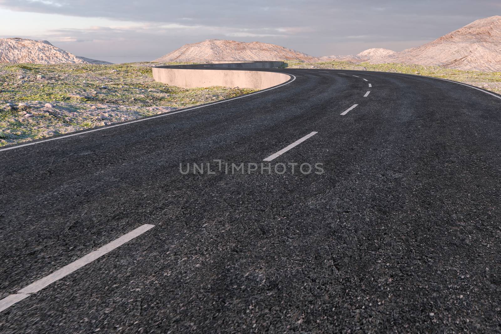 The waving road in the deserted suburbs, 3d rendering. Computer digital background.