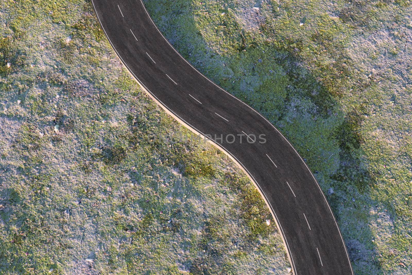 The waving road in the deserted suburbs, 3d rendering. Computer digital background.