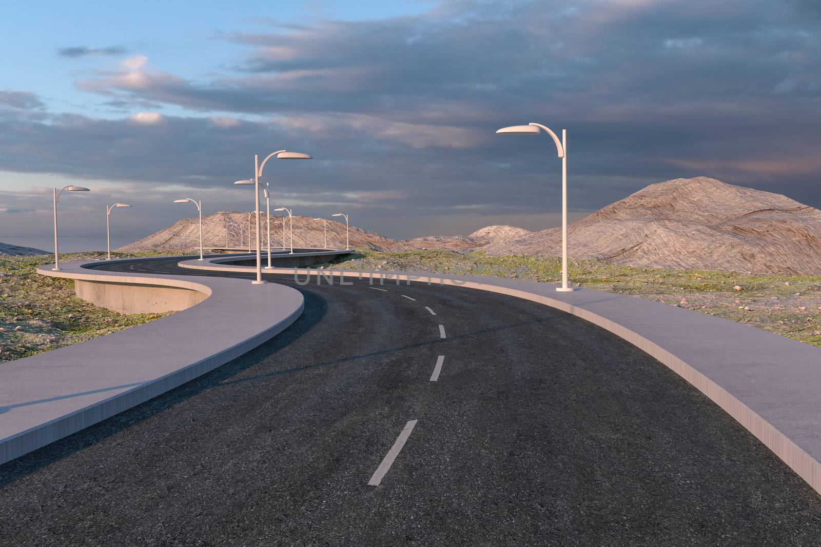 The waving road in the deserted suburbs, 3d rendering. Computer digital background.