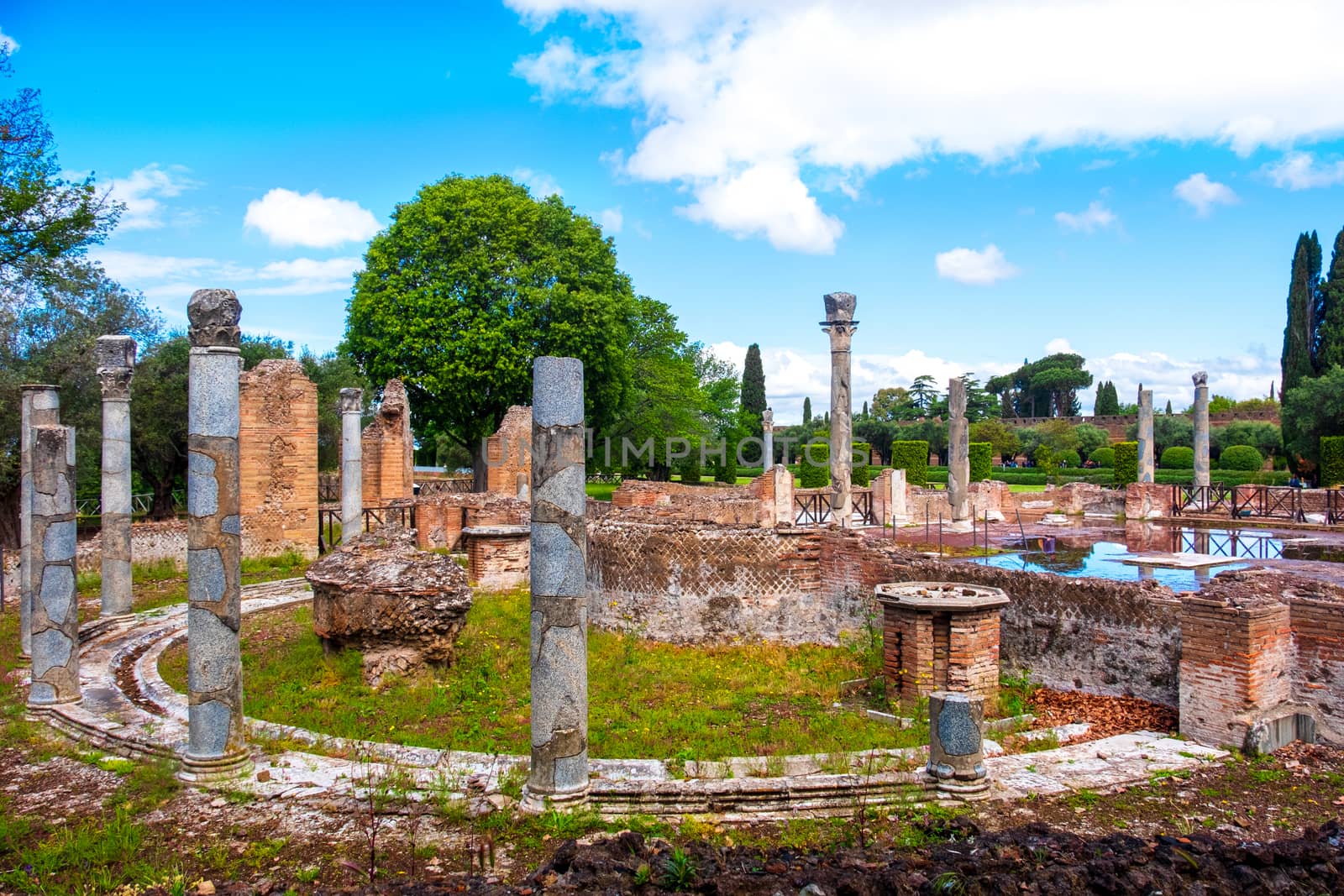 The Three Exedras building ruins of Villa Adriana or Hardrian Villa archaeological site of Unesco in Tivoli - Rome - Lazio - Italy .