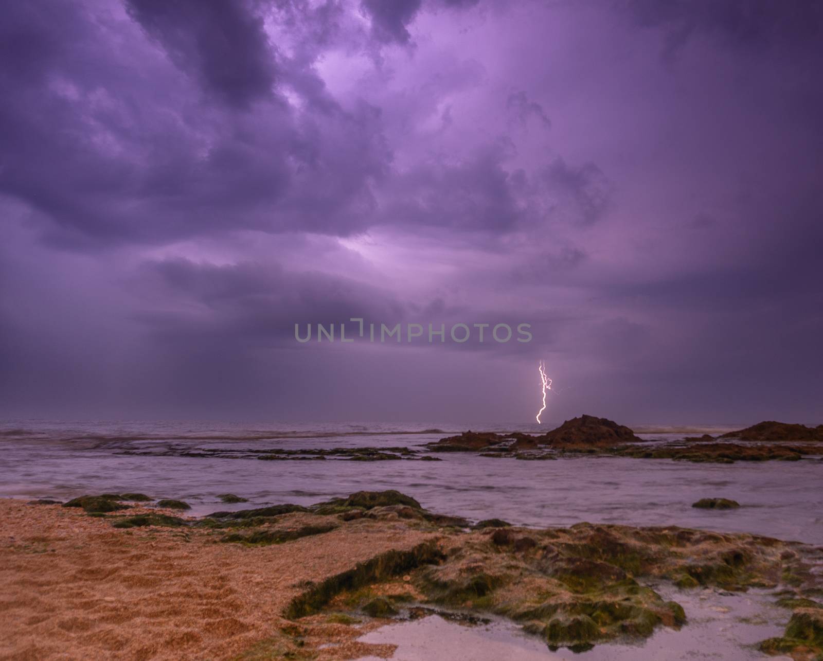 Lightning, heavy clouds and rain stormy weather