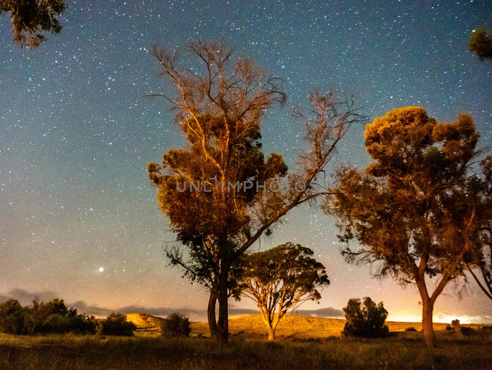 Romantic landscape under stars night sky