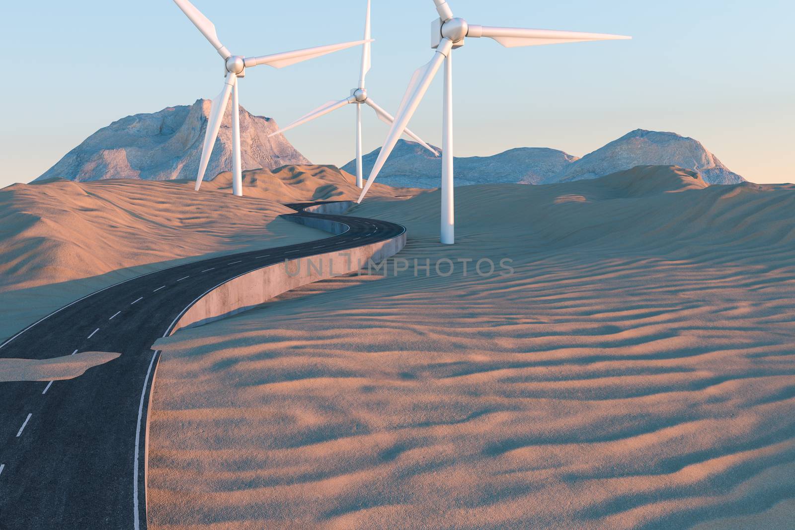 Windmills and winding road in the open, 3d rendering. Computer digital background.