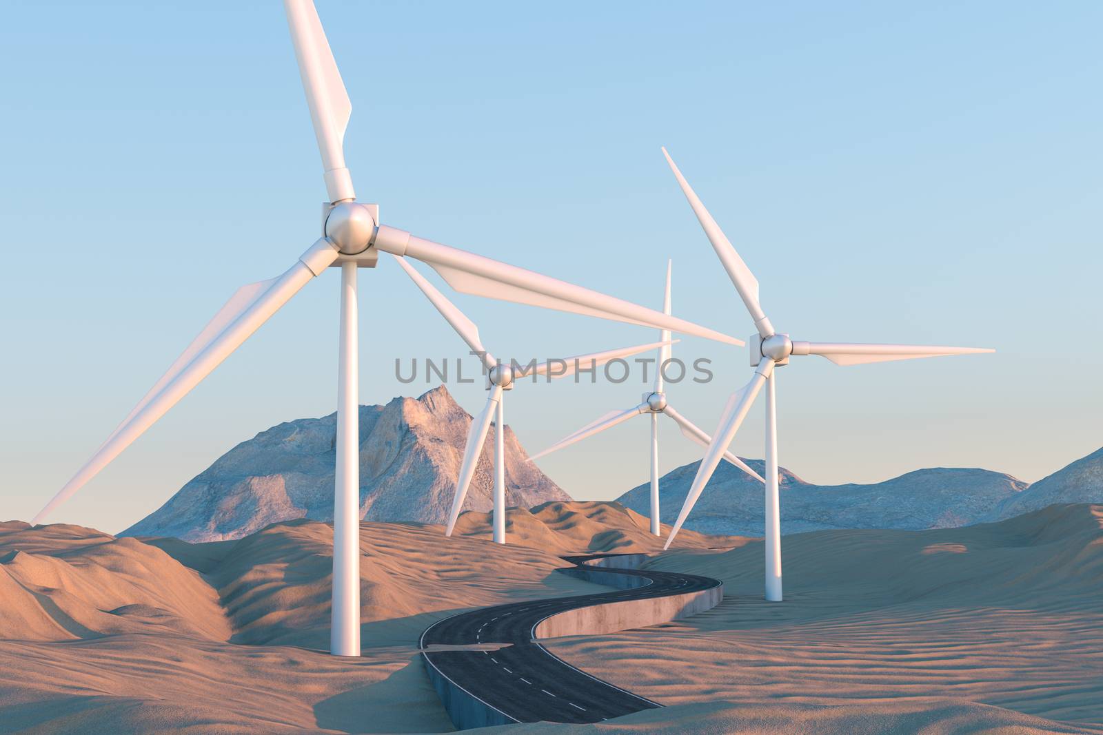 Windmills and winding road in the open, 3d rendering. by vinkfan