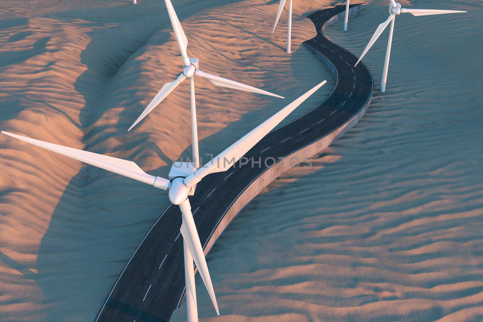 Windmills and winding road in the open, 3d rendering. Computer digital background.