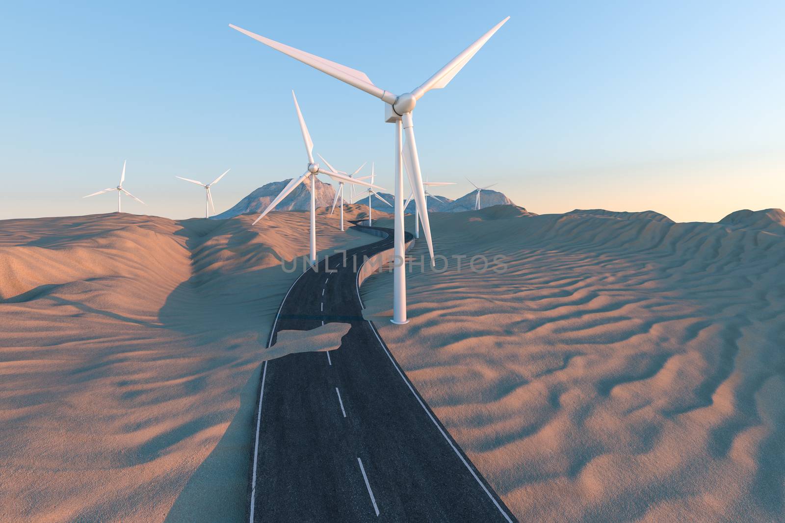 Windmills and winding road in the open, 3d rendering. by vinkfan