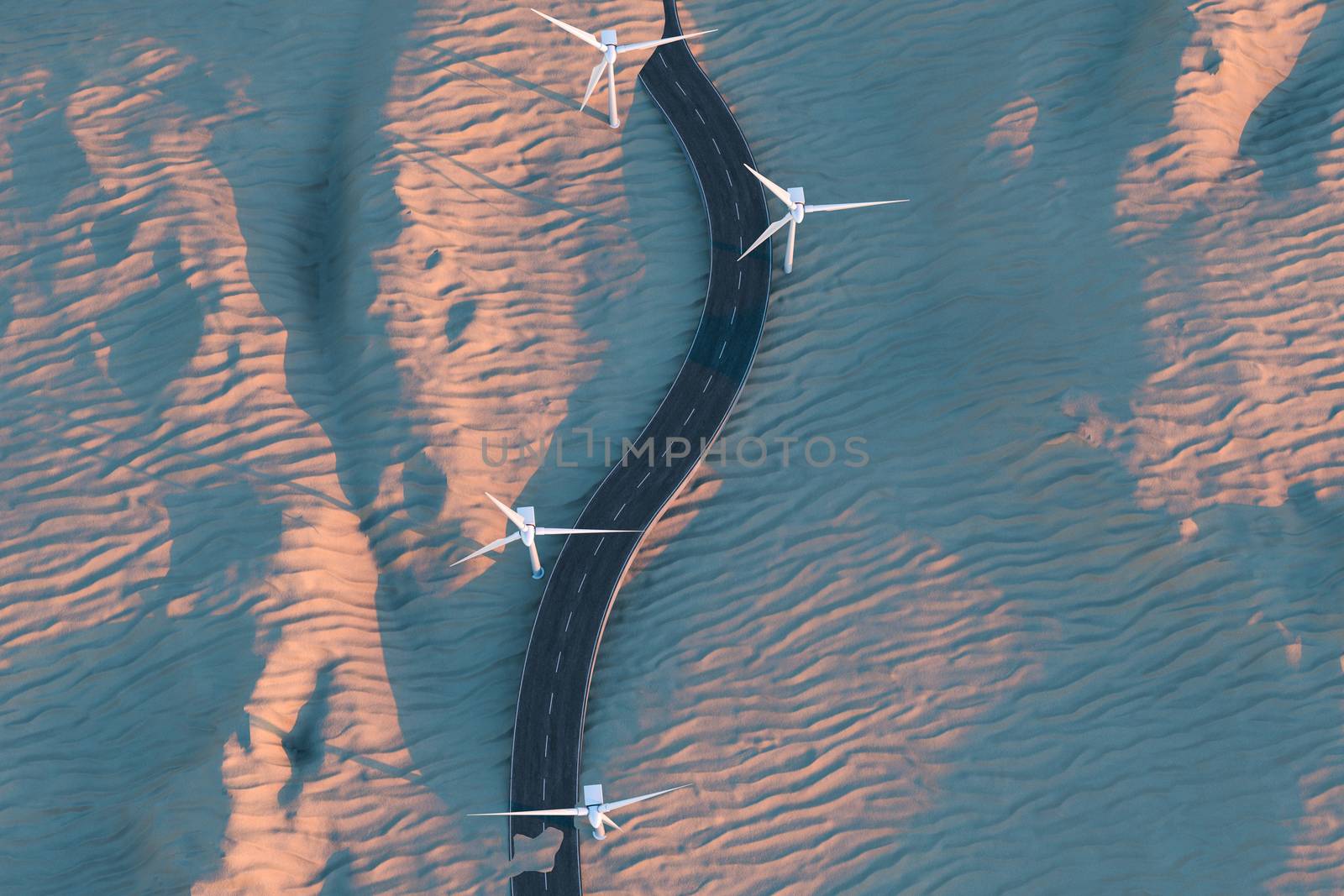 Windmills and winding road in the open, 3d rendering. Computer digital background.