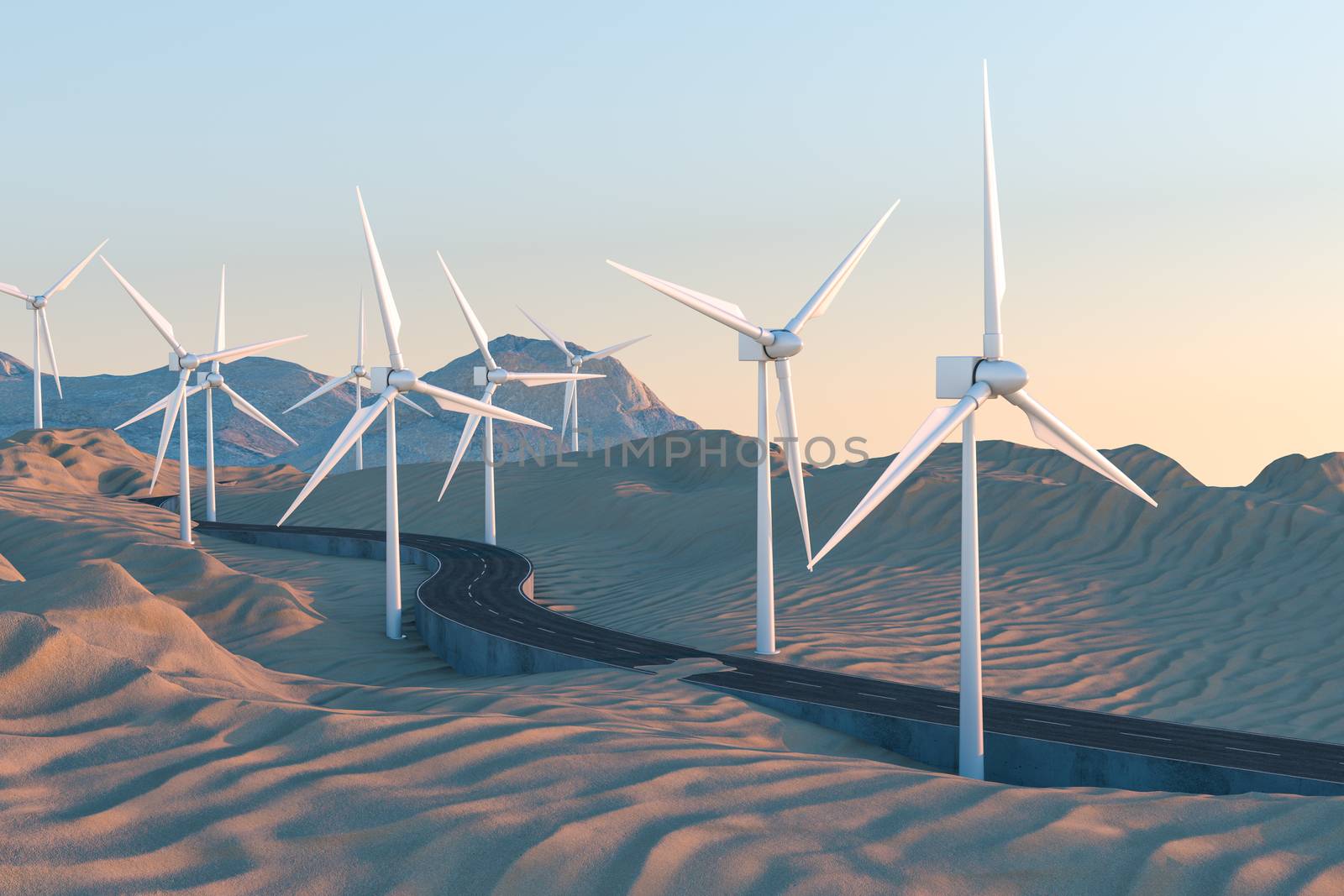 Windmills and winding road in the open, 3d rendering. by vinkfan