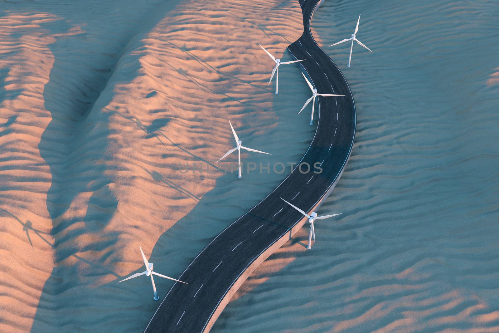 Windmills and winding road in the open, 3d rendering. by vinkfan