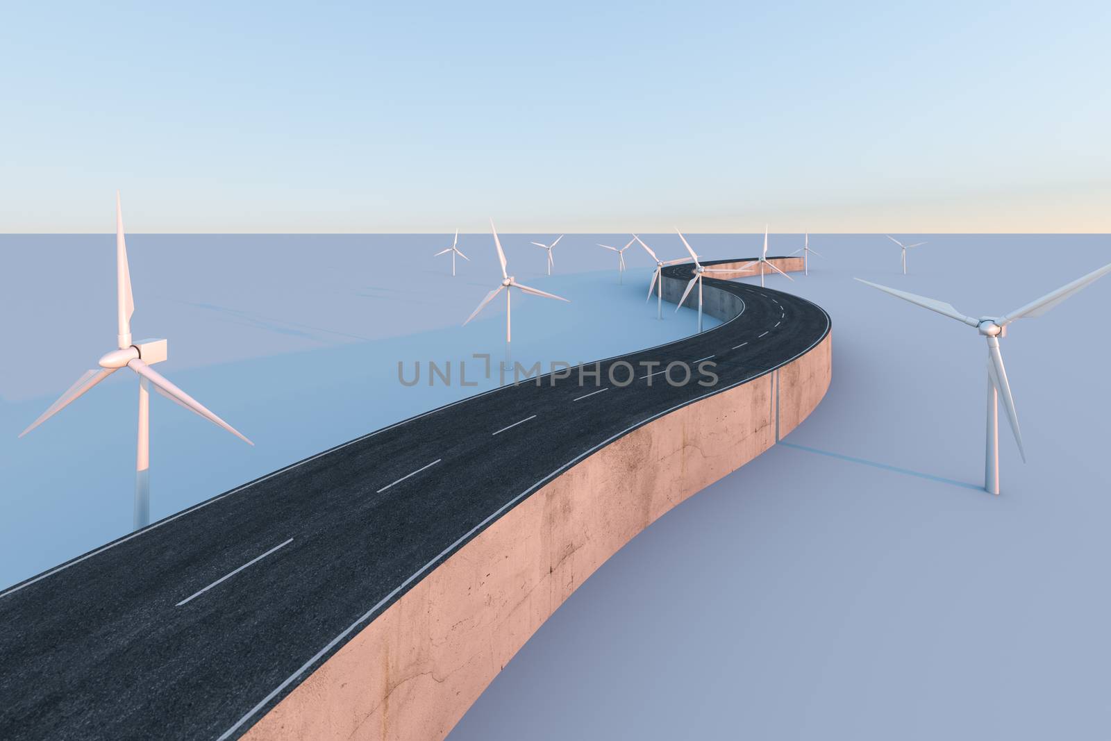 Windmills and winding road in the open, 3d rendering. by vinkfan