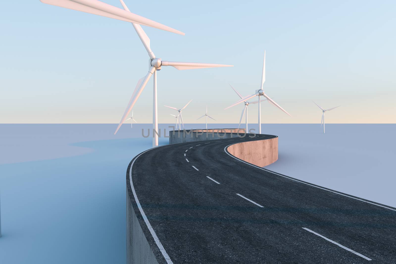 Windmills and winding road in the open, 3d rendering. Computer digital background.