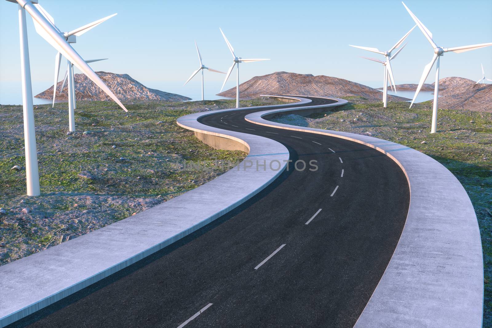 Windmills and winding road in the open, 3d rendering. Computer digital background.