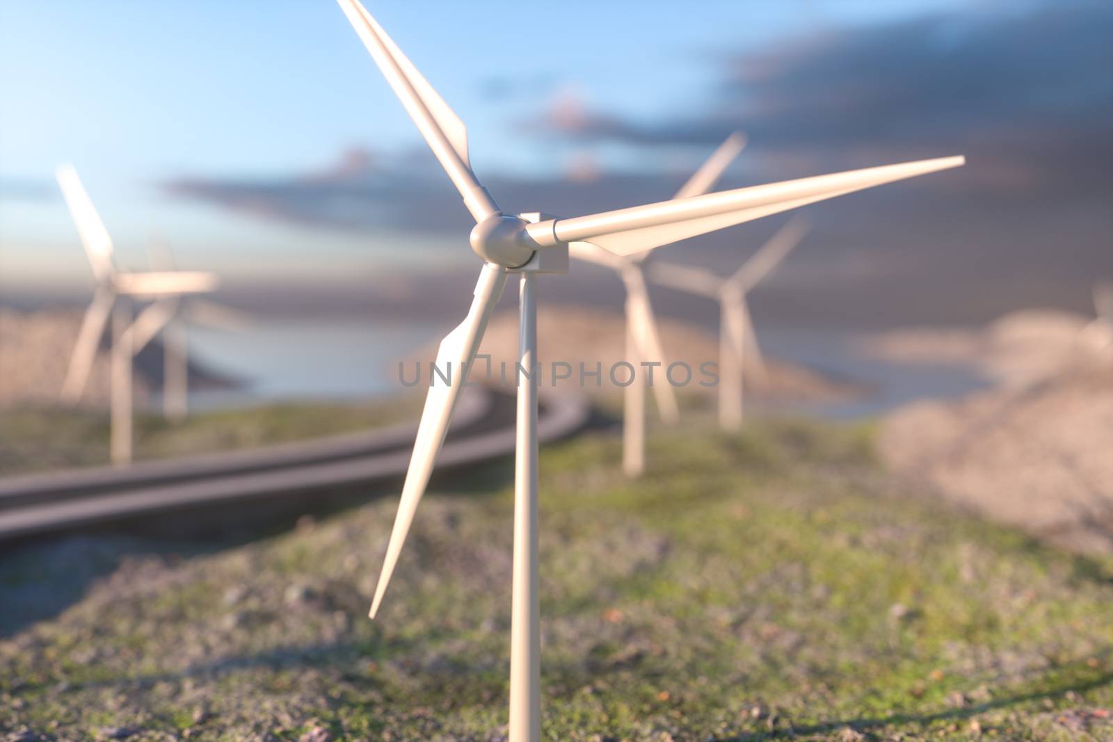 Windmills and winding road in the open, 3d rendering. Computer digital background.