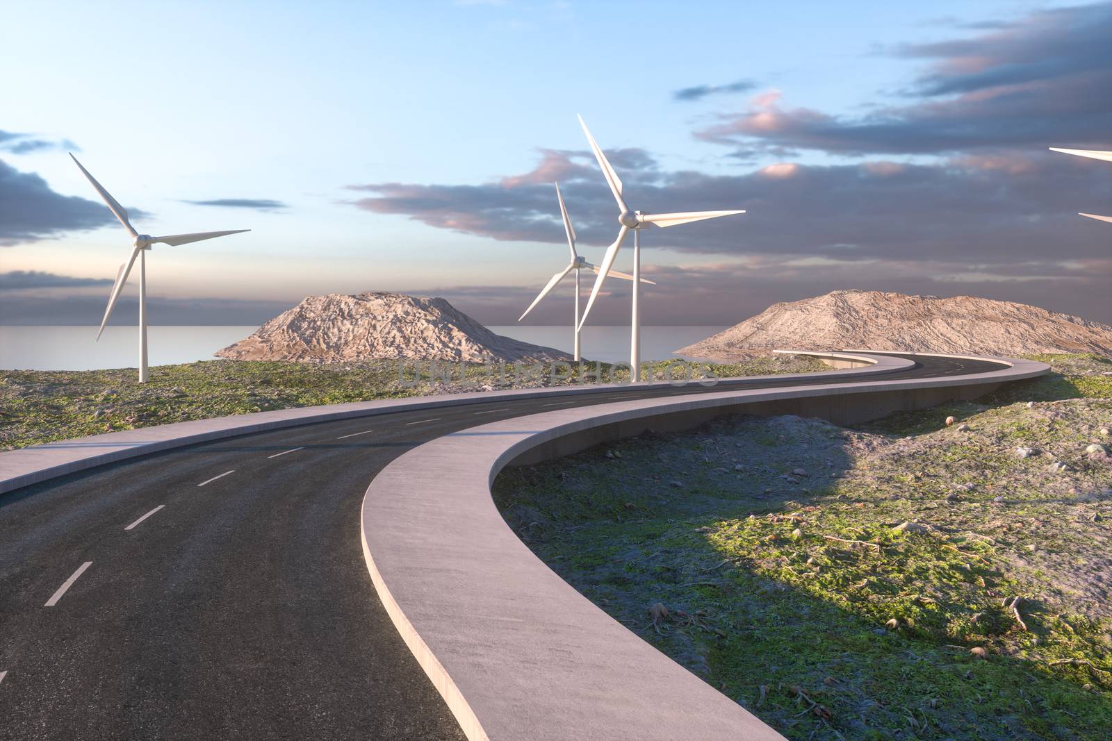 Windmills and winding road in the open, 3d rendering. Computer digital background.