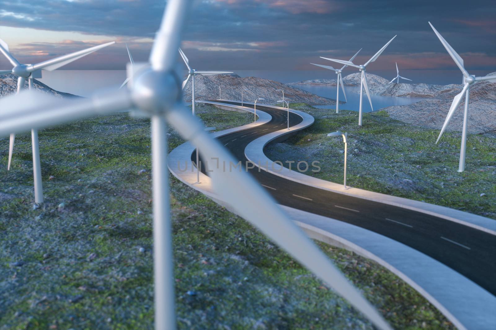 Windmills and winding road in the open, 3d rendering. Computer digital background.