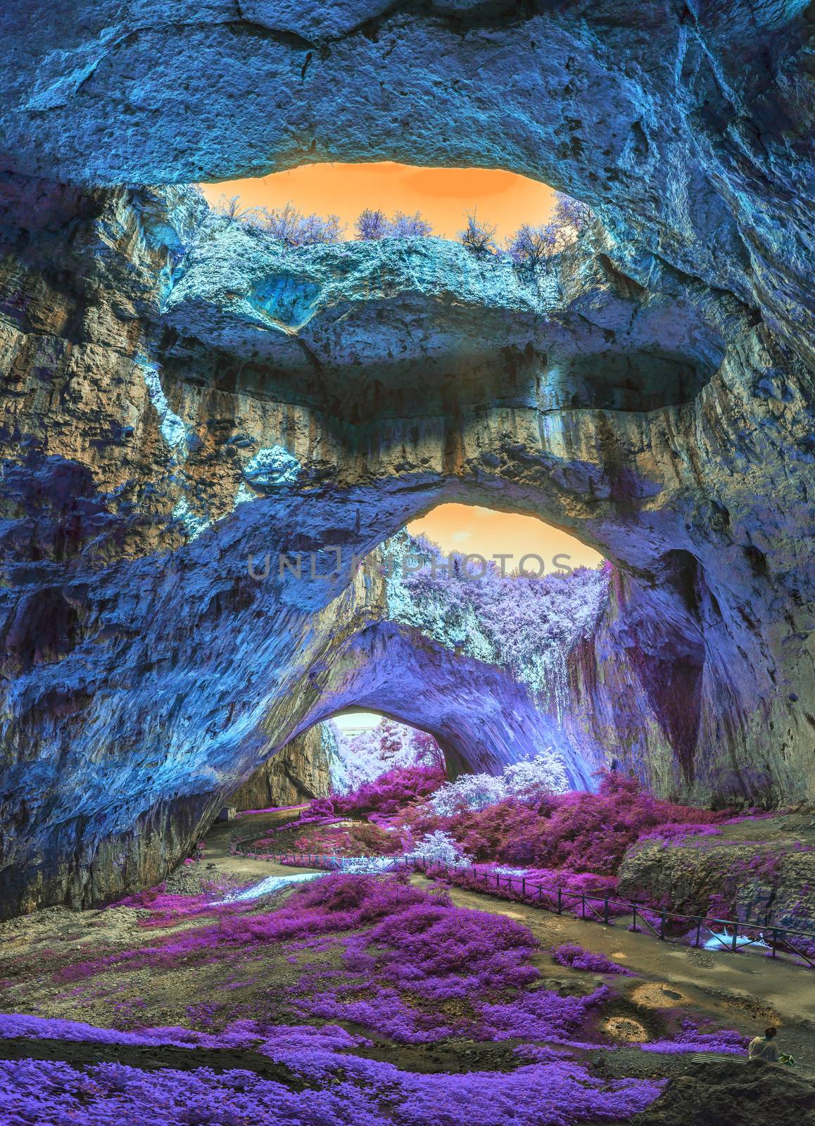 Extraterrestrial panoramic view inside mystic cave.  Davetashka cave in Bulgaria