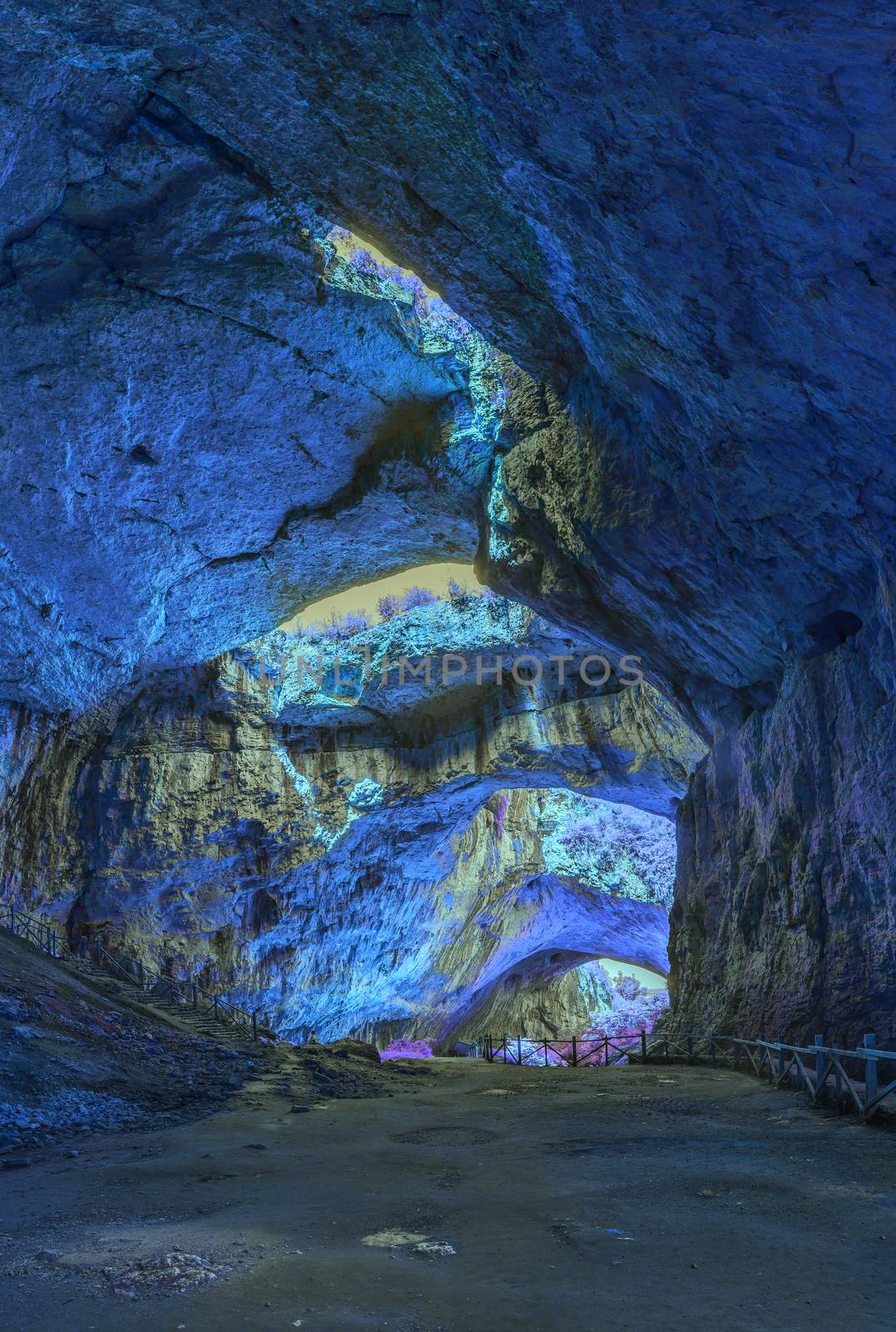 Extraterrestrial panoramic view inside mystic cave.  Davetashka cave in Bulgaria